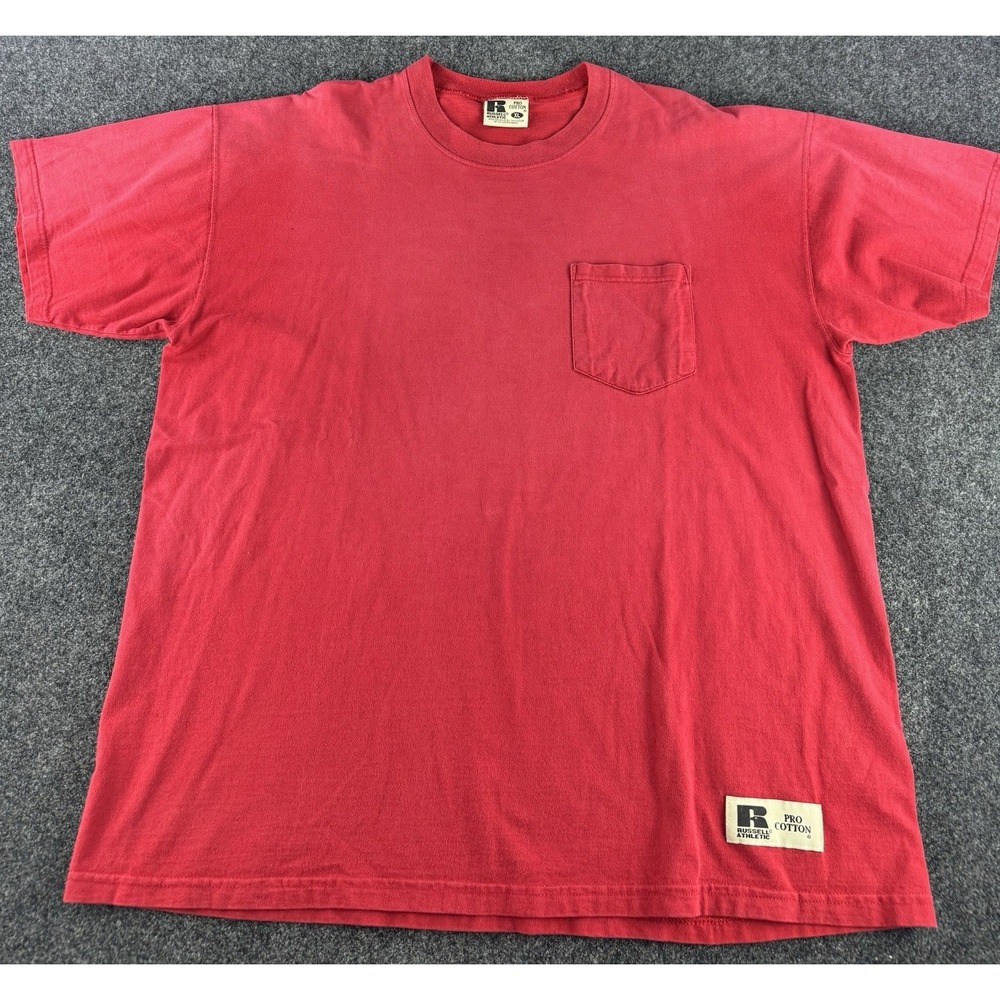 VTG Russell Athletic Pocket T Shirt XL Red Blank Pro Cotton Heavyweight - Picture 2 of 7